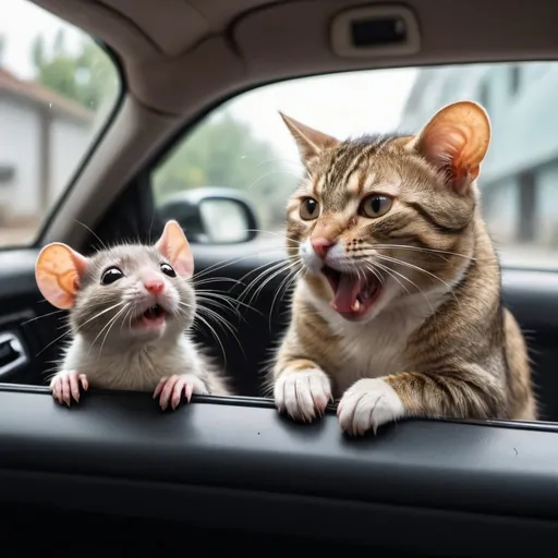 Prompt: a cat  and a rat in a beautiful car fighting on who will drive with two years old child crying 