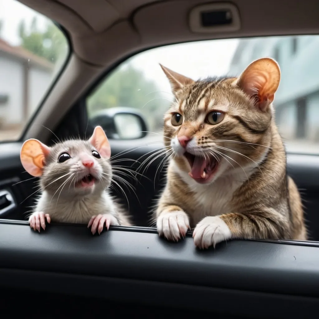 Prompt: a cat  and a rat in a beautiful car fighting on who will drive with two years old child crying 