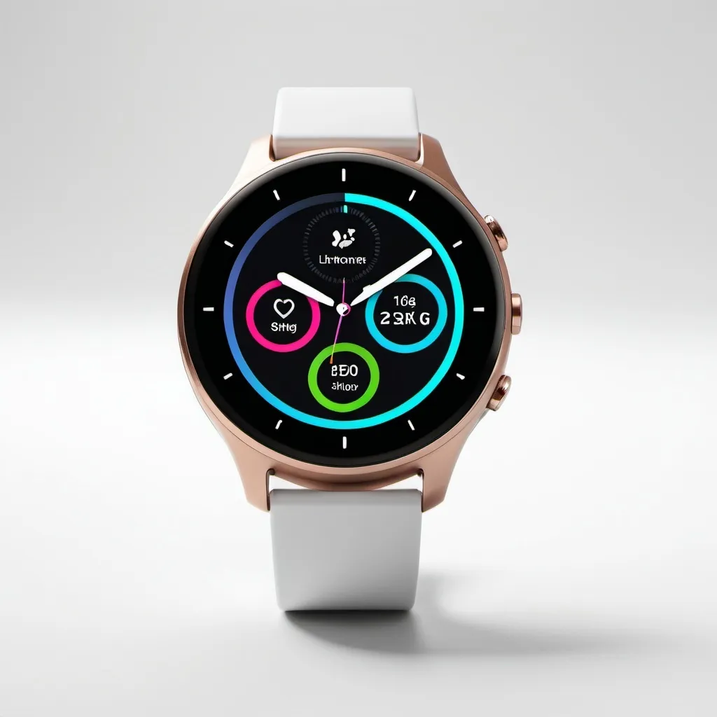 Prompt: A sleek, modern smartwatch displayed against a plain white background, highlighting its features like the touchscreen interface and interchangeable bands. 