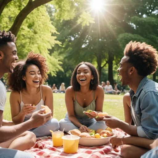 Prompt: A candid shot of a diverse group of friends enjoying a picnic in a park, laughing and sharing food. The scene is vibrant with greenery and sunlight filtering through the trees