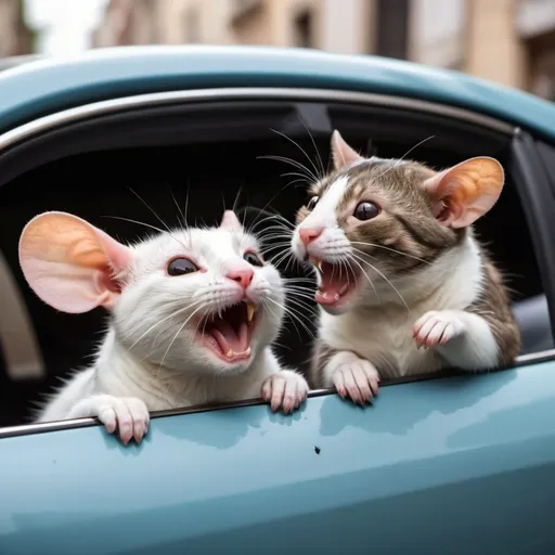 Prompt: a cat  and a rat in a beautiful car fighting on who will drive with two years old child crying behind the car to cattch it