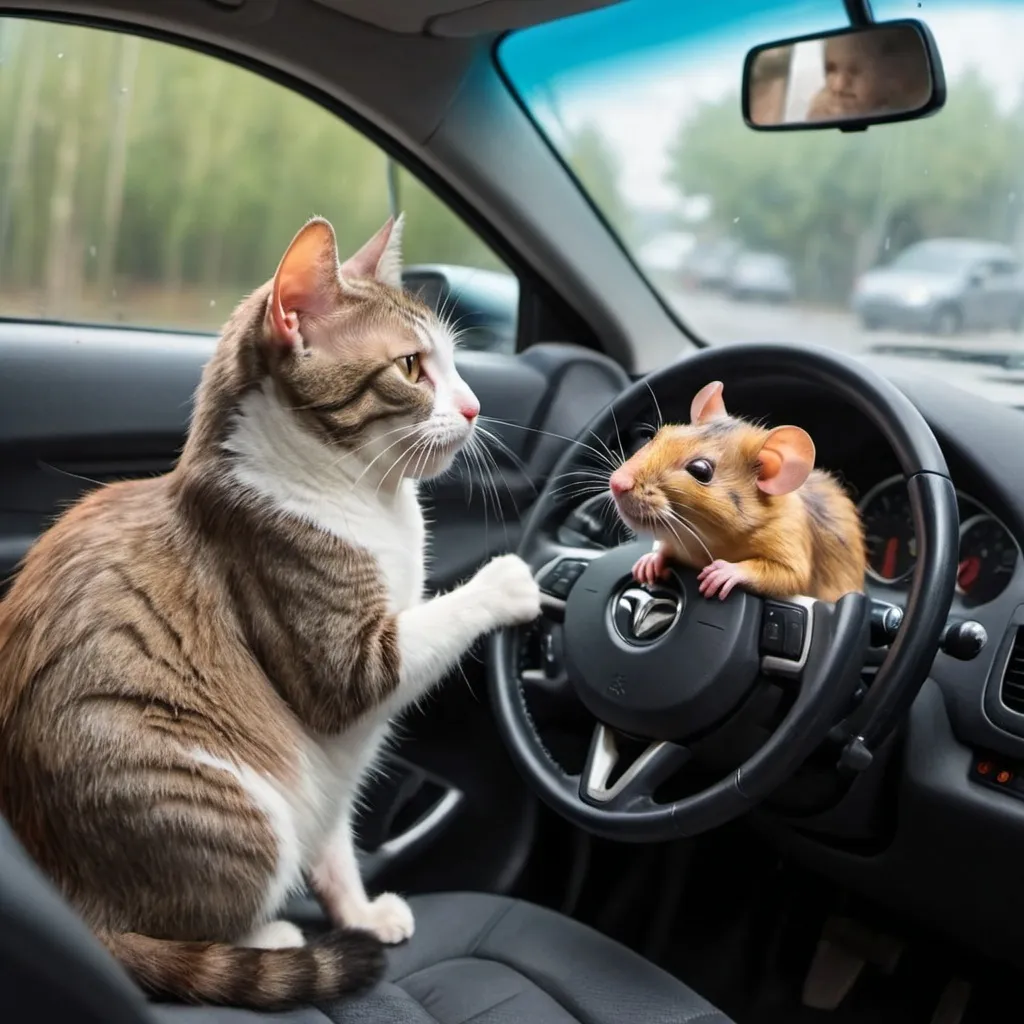 Prompt: a cat  and a rat in a beautiful car see clearly inside fighting on who will drive with a two  years old child crying 