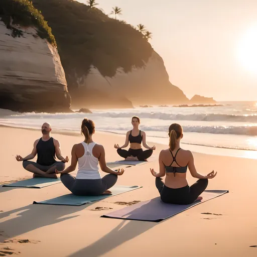 Prompt: A serene yoga session at sunrise on a beach, featuring individuals practicing poses while surrounded by calm waves and soft sand.