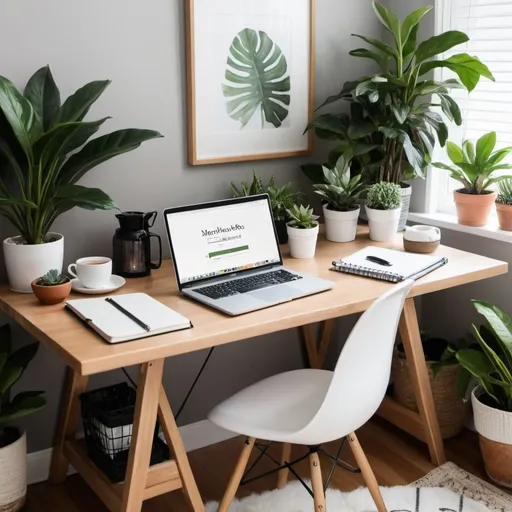 Prompt: An aesthetically pleasing home office setup with a laptop, houseplants, and cozy decor elements like a mug of coffee and an open notebook.