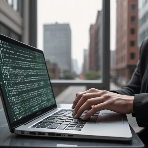 Prompt: A close-up shot of hands typing on a laptop with code visible on the screen, set against an urban backdrop through a window