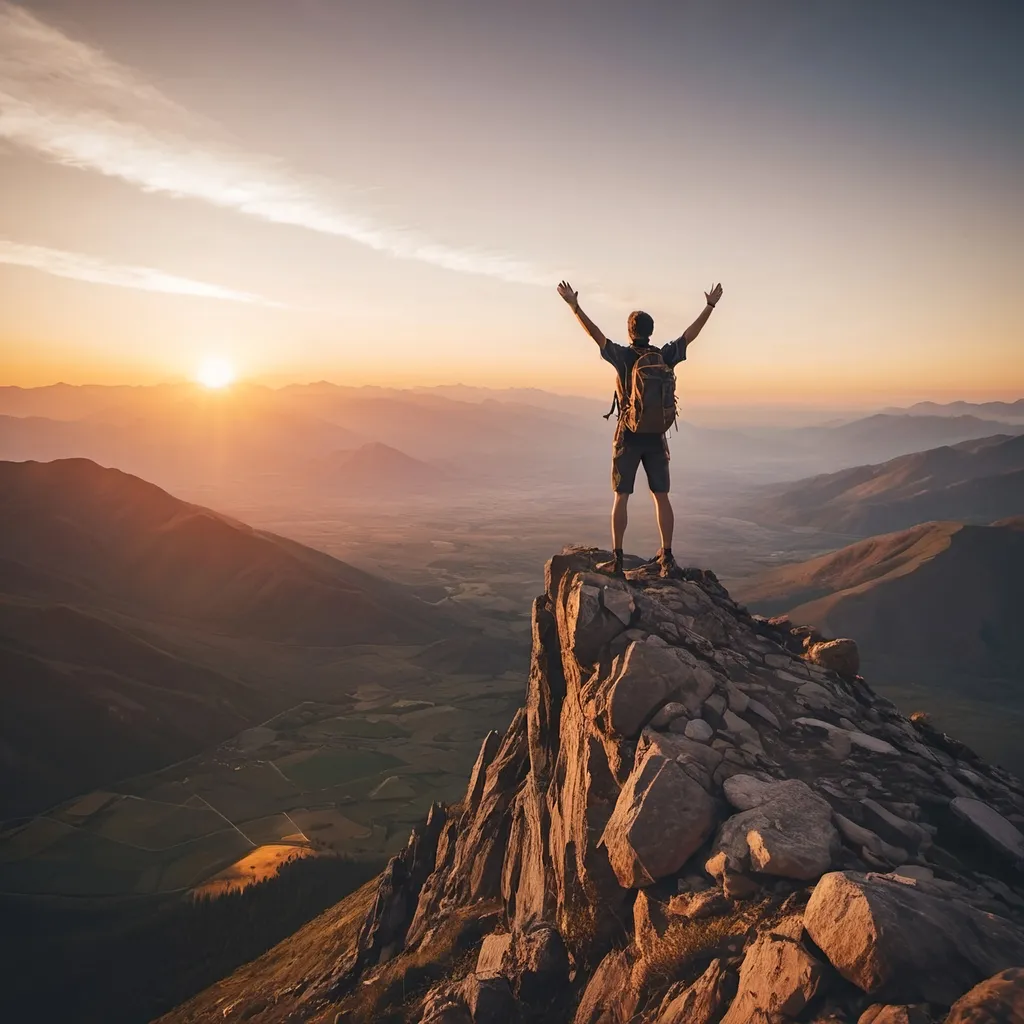 Prompt: An adventurous traveler standing atop a mountain peak overlooking vast landscapes during sunset, arms raised in triumph