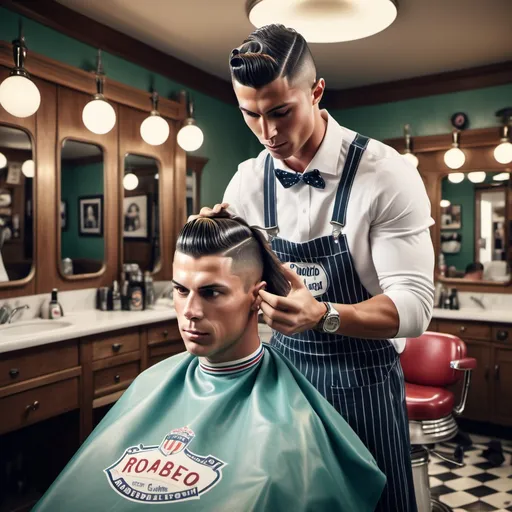 Prompt: "Generate a hyper-realistic image of Cristiano Ronaldo, wearing his team football jersey, skillfully cutting a customer's hair in a classic, vintage-style barbershop.
The scene should capture fine details like the barber tools in his hands, the expressions on both Ronaldo and the customer's faces, and the cozy ambiance of the barbershop with mirrors, chairs, and decor in the