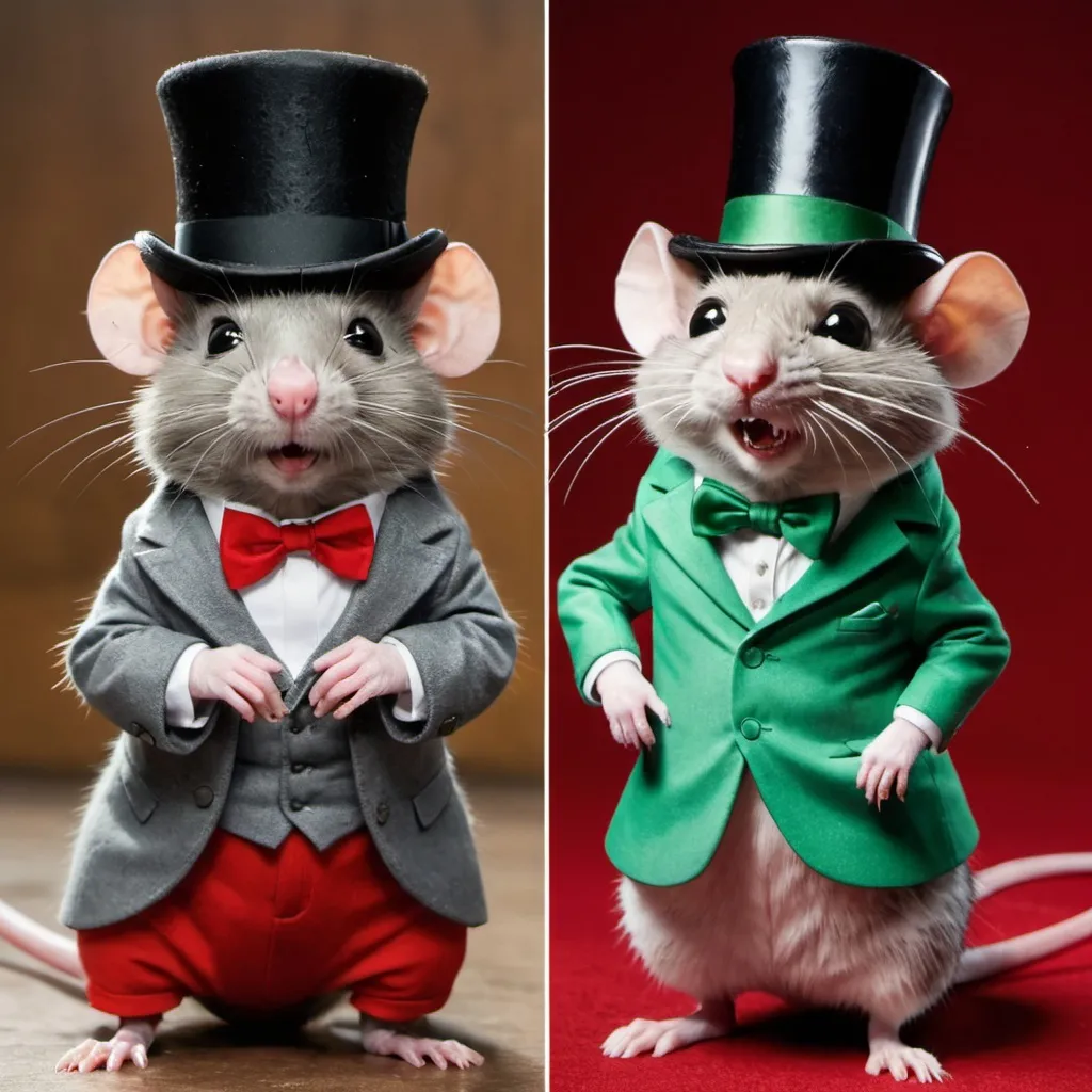 Prompt: a rat with a gray suit and green fur cover all over with a top hat crying vs a cat with a red suit