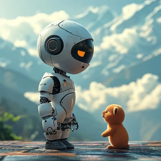 Prompt: (interaction between human and robot), teaching kindness and goodness, background of (majestic mountains of Nepal), soft (small clouds) hovering in the sky, (birds flying in and out of focus), serene and uplifting atmosphere, (vibrant colors), softly illuminated by natural light, ultra-detailed, photorealistic, 4K, smooth texture.