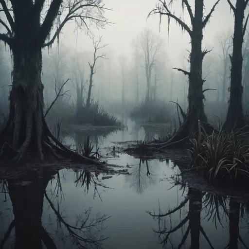 Prompt: Sickly swamp, murky and dark, eerie atmosphere, decaying vegetation, unsettling reflections, foggy, low visibility, low quality, gloomy, horror, murky tones, decaying plants, eerie ambiance