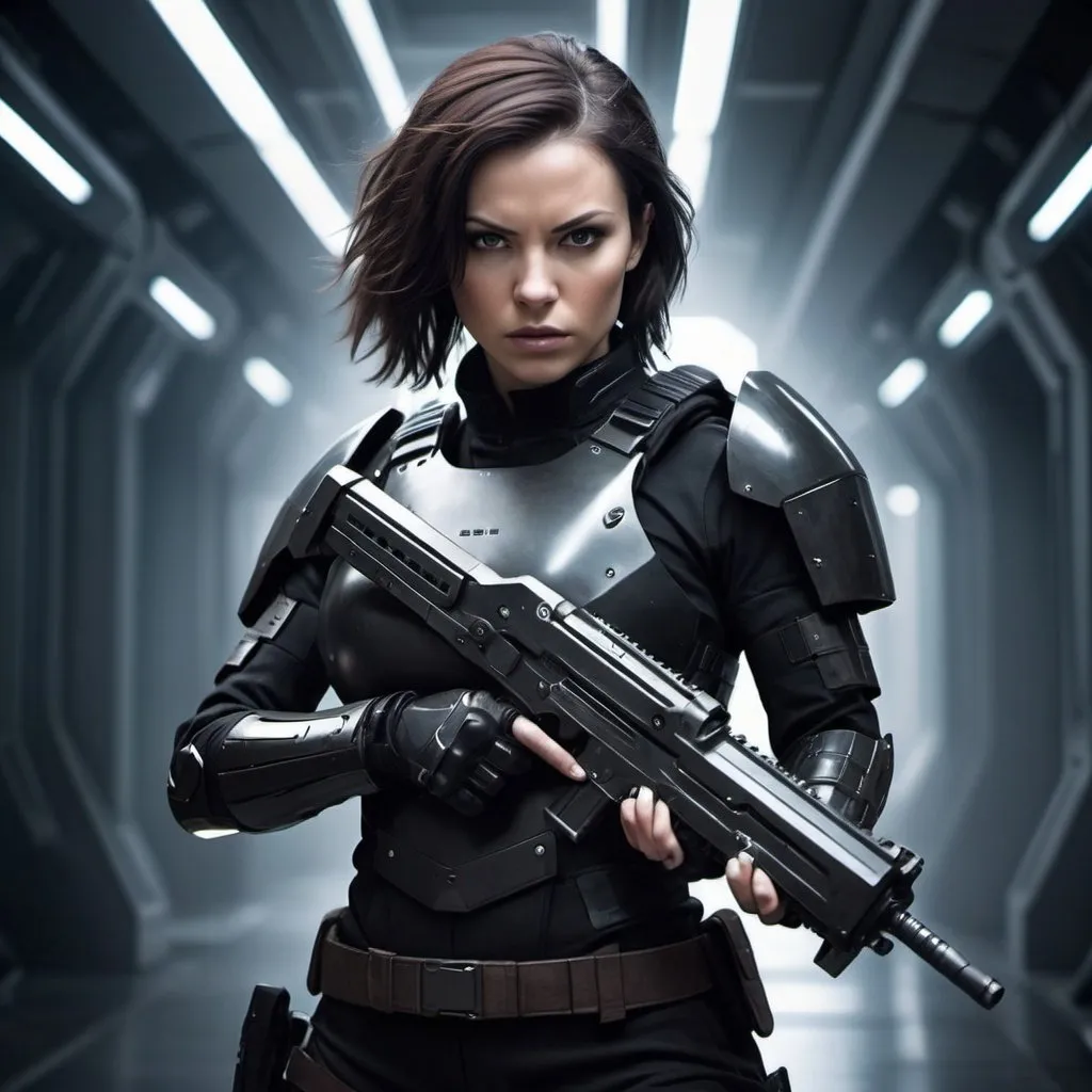 Prompt: Science fiction-style image of a white-skinned woman, dark brown hair, wielding knives, adorned in a sleek black combat uniform, futuristic science fiction soldier, detailed weaponry, intense and determined gaze, high-tech armor, atmospheric lighting, high quality, fantasy, sci-fi, detailed hair, futuristic, combat uniform, determined expression, professional, atmospheric lighting