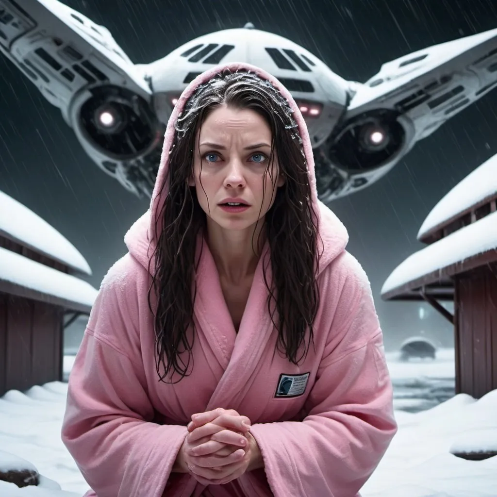 Prompt: Science fiction-style image of a white-skinned woman, long dark brown down wet hair, in a pink bathrobe, on her knees, in snow, outdoors, on the street, dark night, harsh winter, snow everywhere.  high quality, sci-fi, detailed hair, futuristic, scared expression. Looking at a giant alien flying ship, derailed, scary, sci fi, scary ambient