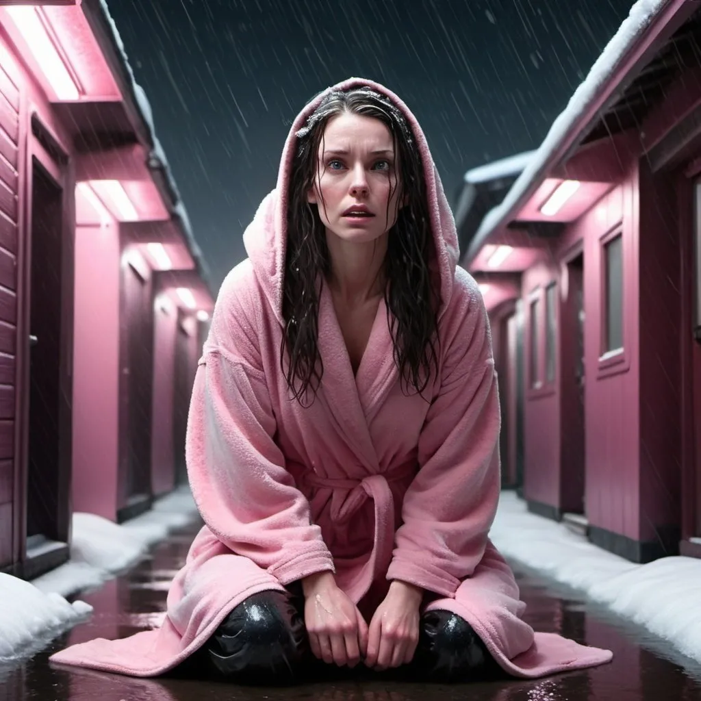 Prompt: Science fiction-style image of a white-skinned woman, long dark brown down wet hair, in a pink bathrobe, on her knees, outdoors, on the street, dark houses around, middle if the night, harsh winter, snow everywhere. high quality, sci-fi, detailed hair, futuristic, scared expression, professional, atmospheric lights. In the back a giant alien flying ship, detailed, futuristic, scary looking, sci fi