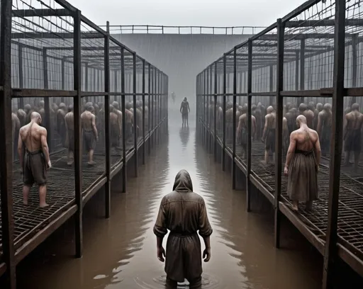 Prompt: Enslaved Humans, many humans in cages, humans slaves crying,  wearing only long filthy shirts, locked in huge cages, many cages, a field full of huge cages with humans in them, cages standing in water, rain, eerie atmosphere, foggy, science fiction, steam punk