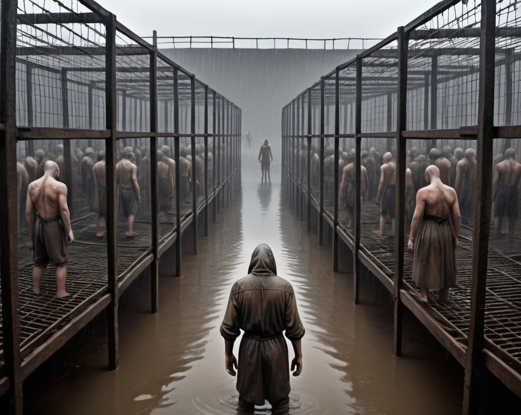 Prompt: Enslaved Humans, many humans in cages, humans slaves crying,  wearing only long filthy shirts, locked in huge cages, many cages, a field full of huge cages with humans in them, cages standing in water, rain, eerie atmosphere, foggy, science fiction, steam punk