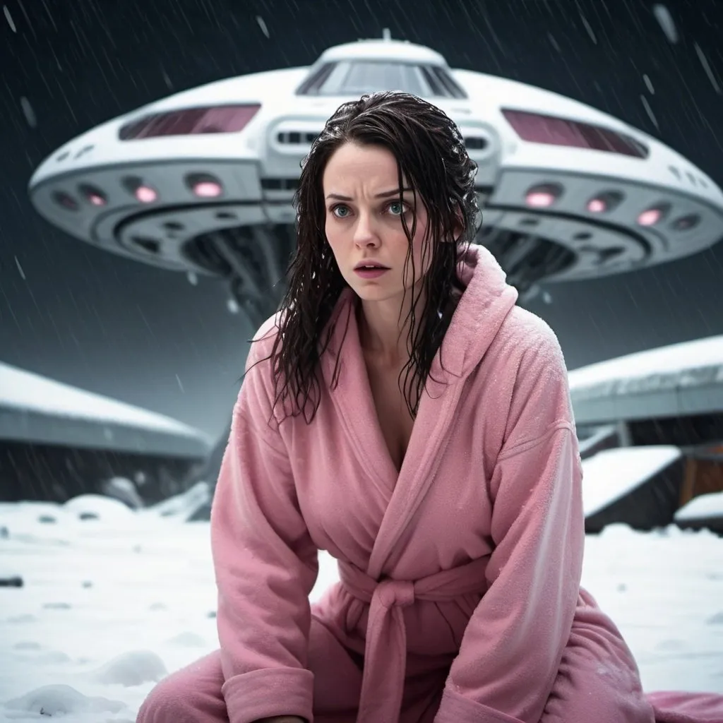 Prompt: Science fiction-style image of a white-skinned woman, long dark brown down wet hair, in a pink bathrobe, on her knees, in snow, outdoors, on the street, dark night, harsh winter, snow everywhere.  high quality, sci-fi, detailed hair, futuristic, scared expression. Looking at a giant alien flying ship, derailed, scary, sci fi, scary ambient