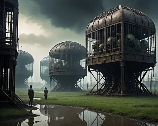 Prompt: Enslaved Humans, many slaves,  wearing only long filthy shirts, locked in huge cages, many cages, a field full of huge cages with humans, alien planet, cages standing in water, rain, eerie atmosphere, scares rotting grass, unsettling reflections, foggy, science fiction, steam punk,  colossal buildings, flying alien ships, 