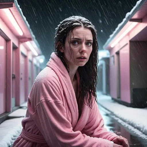 Prompt: Science fiction-style image of a white-skinned woman, long dark brown down wet hair, in a pink bathrobe, on her knees, outdoors, on the street, suburbs, middle if the night, harsh winter, snow everywhere. atmospheric lighting, high quality, sci-fi, detailed hair, futuristic, scared expression, professional, atmospheric lights. In the back a giant alien flying ship, scary, sci fi