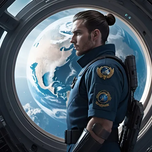 Prompt: Science fiction-style image of a planet Earth, being watched by a white-skinned man, standing backward to the photo. He is huge, buffed, brown hair in man bun, wide jaw with stubble, unnaturally big dark-blue eyes, adorned in a sleek navy-blue combat uniform, futuristic science fiction soldier, detailed weaponry. He is tanding onboard of a huge flying hi-tech ship in dark cosmos, space,  in front of a huge  ship window, looking down through the window  at  planet Earth. He watches multiple other alien ships invading Earth. He is wearing a high-tech armor, atmospheric lighting, high quality, fantasy, sci-fi, detailed hair, futuristic, combat uniform, determined expression, professional, atmospheric lighting
Model: OpenArt SDXL