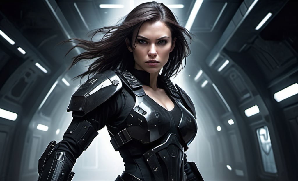 Prompt: Science fiction-style image of a white-skinned woman, long dark brown hair, wielding knives, adorned in a sleek black combat uniform, futuristic science fiction soldier, detailed weaponry, intense and determined gaze, high-tech armor, atmospheric lighting, high quality, fantasy, sci-fi, detailed hair, futuristic, combat uniform, determined expression, professional, atmospheric lighting