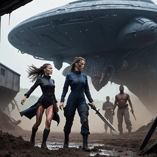 Prompt: Science fiction-style image of one white-skinned WOMAN, long dark detailed brown down hair, in a black one-piece futuristic uniform, long sleeves and legs, splattered with mud and blood, having a knife fight with one much taller buffed, huge MAN, brown detailed hair in man-bun, navy-blue one-piece futuristic uniform, outdoors, on a field, dark night, mud everywhere. high quality, sci-fi, detailed hair,  fierce face expression. Silhouettes of civilians in long shirts running in panic in the background and a giant alien flying ship, scary, sci fi, scary ambient
