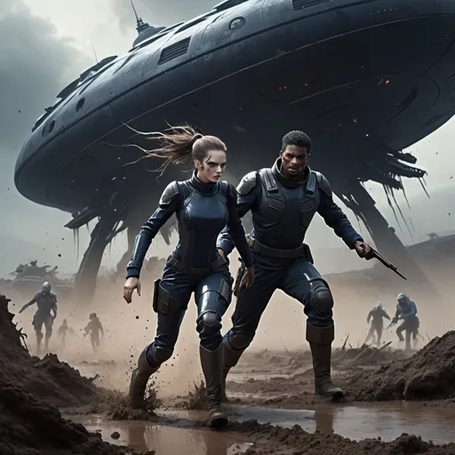 Prompt: Science fiction-style image of one white-skinned WOMAN, long dark detailed brown down hair, in a black one-piece futuristic army uniform, with chest armour, long sleeves and legs, splattered with mud and blood, fighting with one much taller buffed, huge white-skinned MAN, brown detailed hair in man-bun, navy-blue one-piece futuristic uniform, outdoors, on a field, dark night, mud everywhere. high quality, sci-fi, detailed hair,  fierce face expression. Silhouettes of civilians in long shirts running in panic in the background and a giant alien flying ship, scary, sci fi, scary ambient