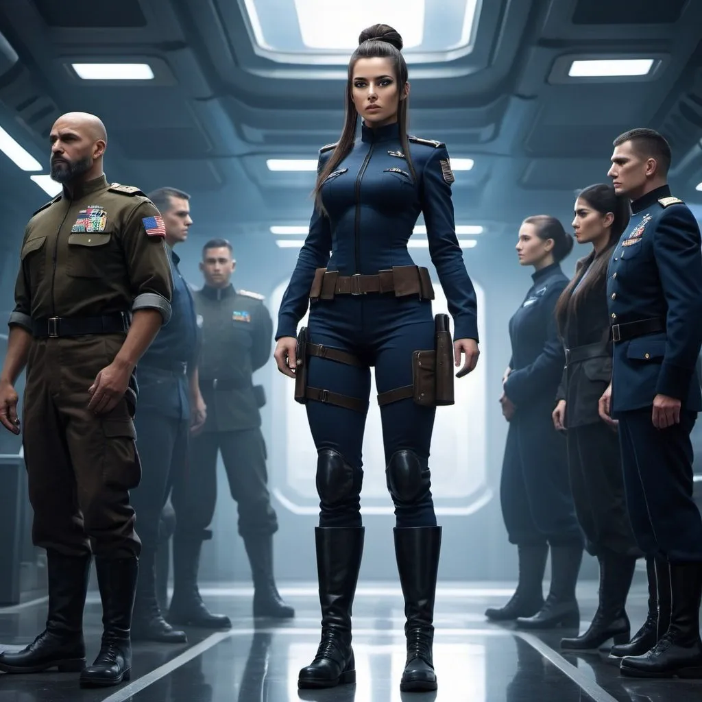 Prompt: Short woman, wearing a black combat uniform, long dark-brown hair, military long boots, standing by a tall, buffed, huge man, brown hair in man bun, navy-blue combat uniform, science fiction, cyber punk, futuristic