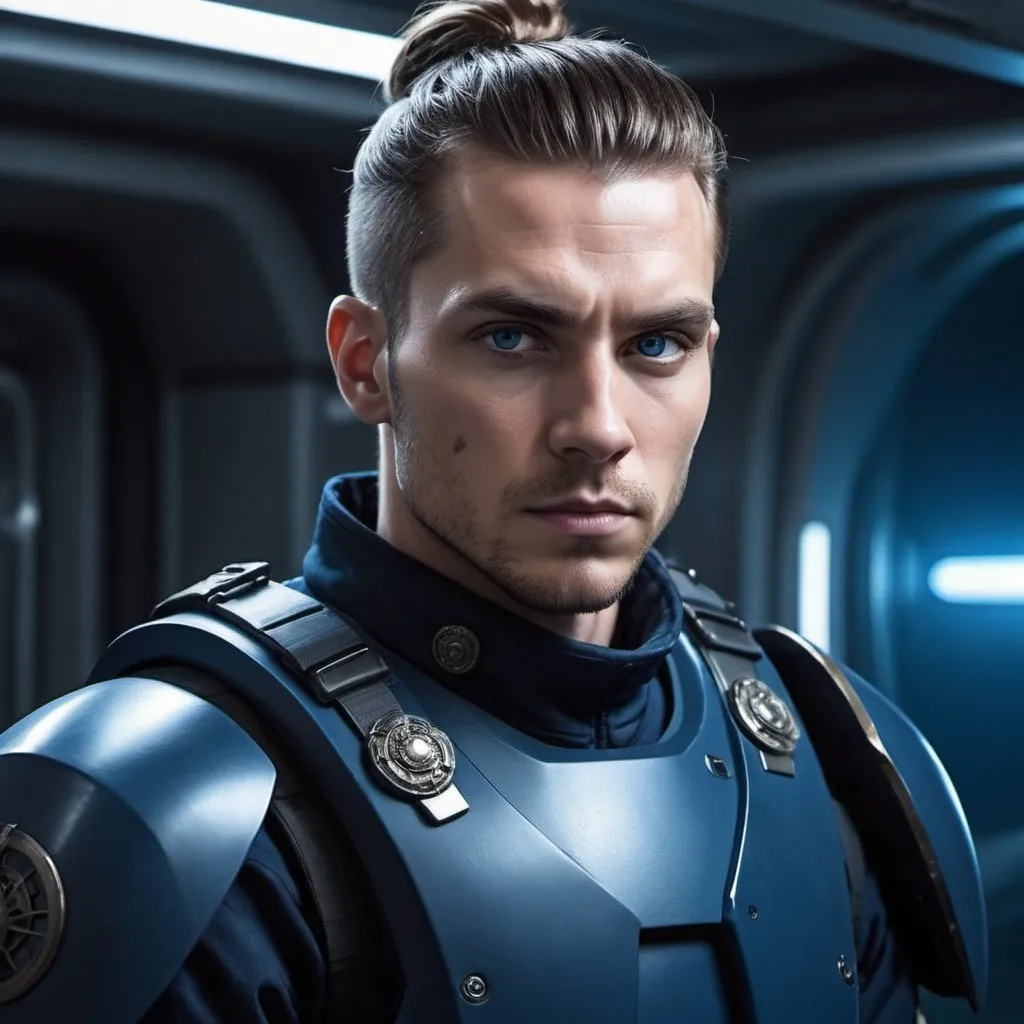 Prompt: Science fiction-style image of a white-skinned man, brown hair in man bun, stubble, unnaturally big dark-blue eyes, adorned in a sleek navy-blue combat uniform, futuristic science fiction soldier, detailed weaponry, intense and determined gaze, high-tech armor, atmospheric lighting, high quality, fantasy, sci-fi, detailed hair, futuristic, combat uniform, determined expression, professional, atmospheric lighting