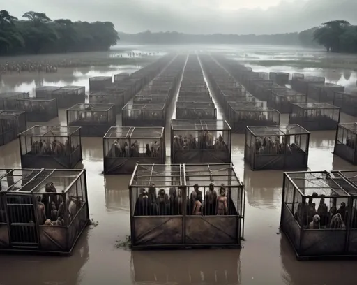 Prompt: Enslaved Humans, many humans in cages, humans slaves crying,  wearing only long filthy shirts, locked in huge cages, many cages standing on partialy flooded ground, a field full of huge cages with humans in them, cages standing in water, rain, eerie atmosphere, foggy, science fiction, steam punk