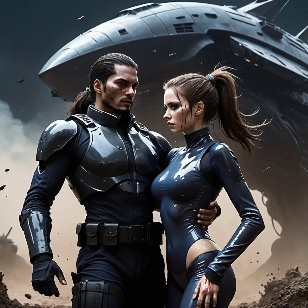 Prompt: Science fiction-style image of one white-skinned WOMAN, long dark detailed brown down hair, in a black one-piece futuristic army uniform, with chest armour, long sleeves and legs, splattered with mud and blood, having a hand-to-hand fight with one much taller buffed, huge white-skinned MAN, brown detailed hair in man-bun, navy-blue one-piece futuristic uniform, outdoors, on a field, dark night, mud everywhere. high quality, sci-fi, detailed hair,  fierce face expression. Silhouettes of civilians in long shirts running in panic in the background and a giant alien flying ship, scary, sci fi, scary ambient