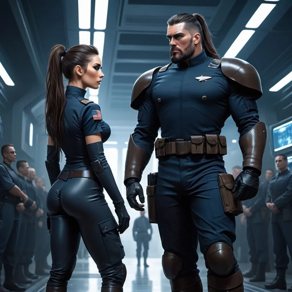 Prompt: Short woman, wearing a black combat uniform, long dark-brown hair, military long boots, standing by a tall, buffed, huge man, brown hair in man bun, navy-blue combat uniform, science fiction, cyber punk, futuristic