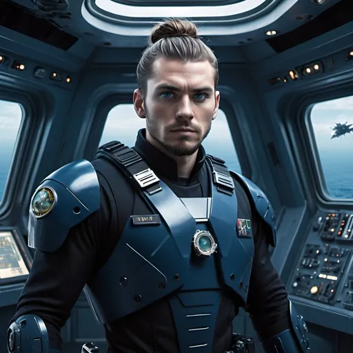 Prompt: Science fiction-style image of a white-skinned man, huge, buffed, brown hair in man bun, wide jaw with stubble, unnaturally big dark-blue eyes, adorned in a sleek navy-blue combat uniform, futuristic science fiction soldier, detailed weaponry. Standing onboard of a huge flying hi-tech ship in dark cosmos, space,  in front of a huge  ship window, looking down through the window  at  planet Earth. He watches other ships invading Earth. He is wearing a high-tech armor, atmospheric lighting, high quality, fantasy, sci-fi, detailed hair, futuristic, combat uniform, determined expression, professional, atmospheric lighting
Model: OpenArt SDXL