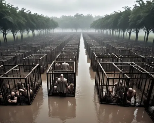 Prompt: Enslaved Humans, many humans in cages, humans slaves crying,  wearing only long filthy shirts, locked in huge cages, many cages standing on partialy flooded ground, a field full of huge cages with humans in them, cages standing in water, rain, eerie atmosphere, foggy, science fiction, steam punk