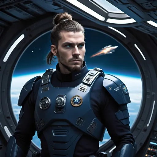 Prompt: Science fiction-style image of a white-skinned man, huge, buffed, brown hair in man bun, wide jaw with stubble, unnaturally big dark-blue eyes, adorned in a sleek navy-blue combat uniform, futuristic science fiction soldier, detailed weaponry. Standing onboard of a huge flying hi-tech ship in dark cosmos, space,  in front of a huge  ship window, looking down through the window  at  planet Earth. He watches other ships invading Earth. He is wearing a high-tech armor, atmospheric lighting, high quality, fantasy, sci-fi, detailed hair, futuristic, combat uniform, determined expression, professional, atmospheric lighting
Model: OpenArt SDXL