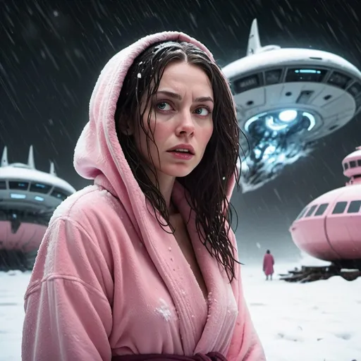 Prompt: Science fiction-style image of a white-skinned woman, long dark brown down wet hair, in a pink bathrobe, on her knees, in snow, outdoors, on the street, dark night, harsh winter, snow everywhere.  high quality, sci-fi, detailed hair, futuristic, scared expression. Looking at a giant alien flying ship, derailed, scary, sci fi, scary ambient