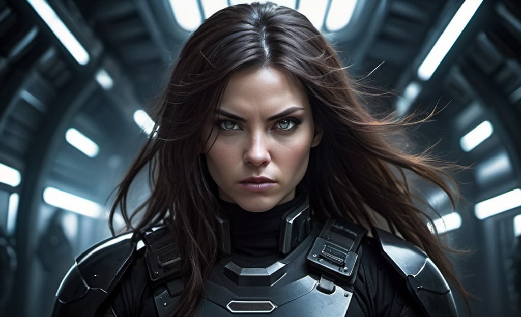 Prompt: Science fiction-style image of a white-skinned woman, long dark brown hair, wielding knives, adorned in a sleek black combat uniform, futuristic science fiction soldier, detailed weaponry, intense and determined gaze, high-tech armor, atmospheric lighting, high quality, fantasy, sci-fi, detailed hair, futuristic, combat uniform, determined expression, professional, atmospheric lighting