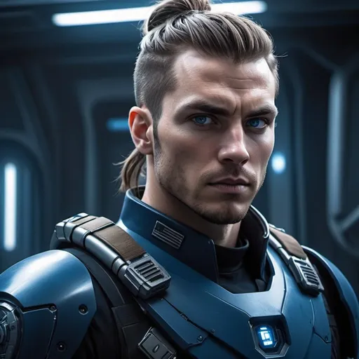 Prompt: Science fiction-style image of a white-skinned man, huge, buffed, brown hair in man bun, wide jaw with stubble, unnaturally big dark-blue eyes, adorned in a sleek navy-blue combat uniform, futuristic science fiction soldier, detailed weaponry, intense and determined gaze, high-tech armor, atmospheric lighting, high quality, fantasy, sci-fi, detailed hair, futuristic, combat uniform, determined expression, professional, atmospheric lighting