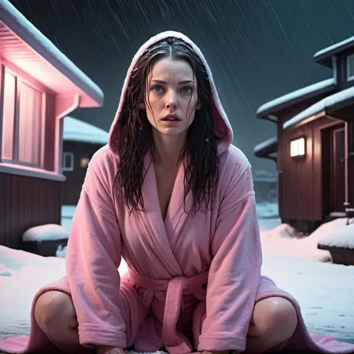 Prompt: Science fiction-style image of a white-skinned woman, long dark brown down wet hair, in a pink bathrobe, on her knees, outdoors, on the street, dark houses around, middle if the night, harsh winter, snow everywhere. high quality, sci-fi, detailed hair, futuristic, scared expression, professional, atmospheric lights. In the back a giant alien flying ship, detailed, futuristic, scary looking, sci fi