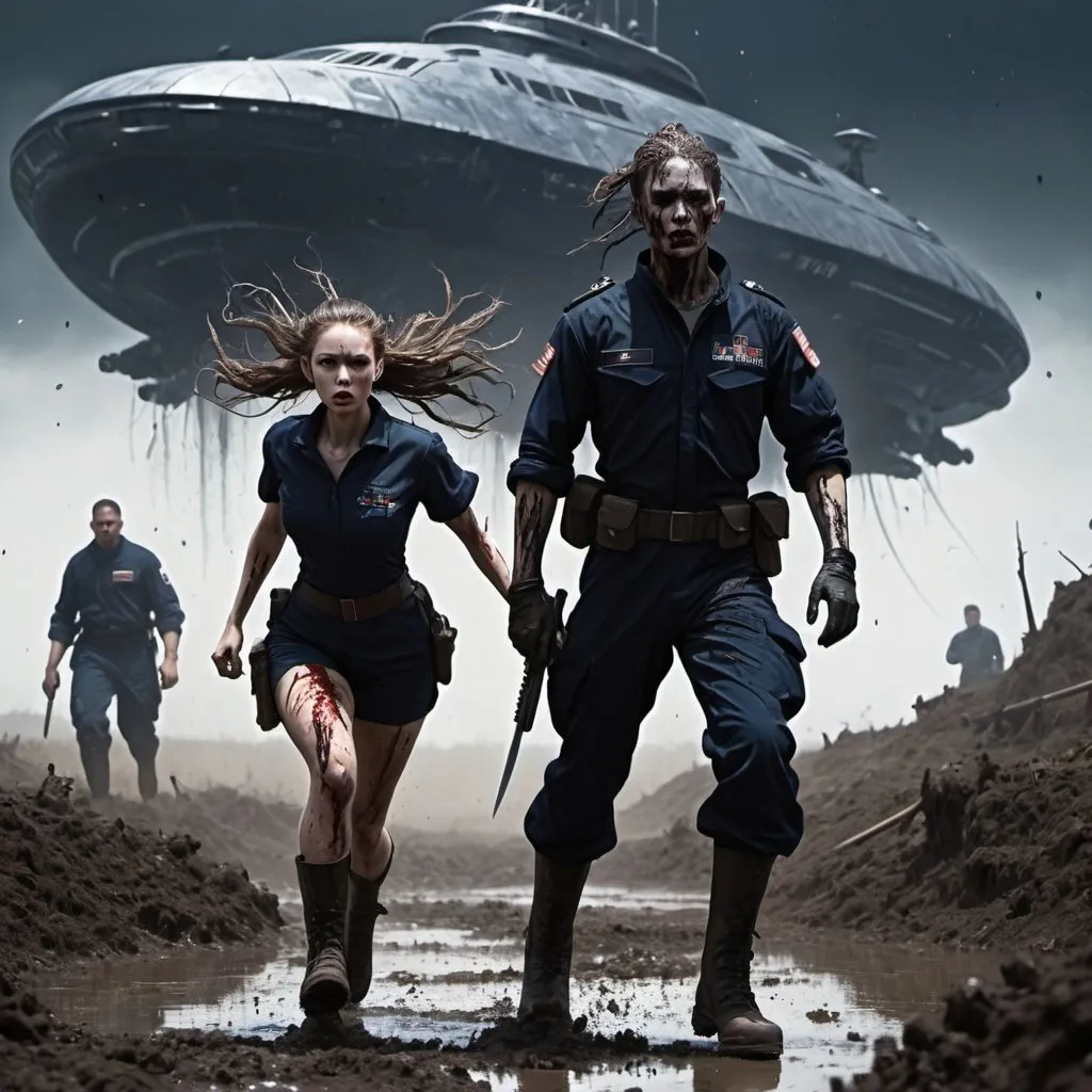 Prompt: Science fiction-style image of one white-skinned female, long dark detailed brown down hair, in a detailed black one-piece uniform, splattered with mud and blood, military long detailed boots, having a knife fight with one much taller buffed, huge male, brown detailed hair in man-bun, navy-blue detailed one-piece uniform, outdoors, on a field, dark night, mud everywhere. high quality, sci-fi, detailed hair, futuristic uniforms, fierce face expression. Silhouettes of people running in panic in the background and a giant alien flying ship, scary, sci fi, scary ambient