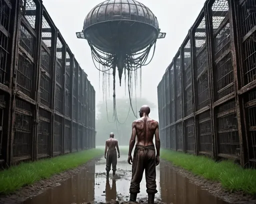 Prompt: Enslaved Humans, many slaves,  wearing only long filthy shirts, locked in huge cages, many cages, a field full of huge cages with humans, alien planet, cages standing in water, rain, eerie atmosphere, scares rotting grass, unsettling reflections, foggy, science fiction, steam punk,  colossal buildings, flying alien ships, 