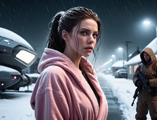 Prompt: Science fiction-style image of a white-skinned woman, long dark brown wet hair, in a pink bathrobe, on her knees, outside, on the street, suburbs, middle if the night, harsh winter, snow everywhere. Next to her a standing a white-skinned man with brown hair in man-bun, futuristic science fiction soldier, wearing a visor, detailed weaponry, intense and determined gaze, high-tech armor, atmospheric lighting, high quality, fantasy, sci-fi, detailed hair, futuristic, combat uniform, determined expression, professional, atmospheric lighting. Winter, snow, dark night, scarry, suburbs, dark gloomy houses all-around. Behind the man, far away, are standing other huge men, next to a flying alien ship. Lights from the ship are brightening them up from behind. Terrifying ambient. Snow is shimmering, winter ambient, middle of night,  gloomy, terrifying, sci fi, futuristic