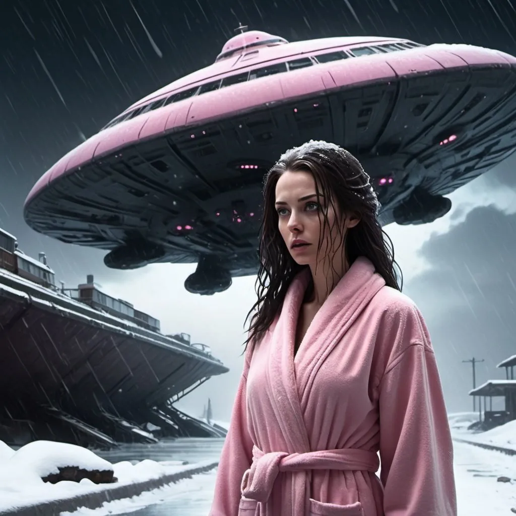 Prompt: Science fiction-style image of a white-skinned woman, long dark brown down wet hair, in a pink bathrobe, on her knees, in snow, outdoors, on the street, dark night, harsh winter, snow everywhere.  high quality, sci-fi, detailed hair, futuristic, scared expression. Looking at a giant alien flying ship, derailed, scary, sci fi, scary ambient