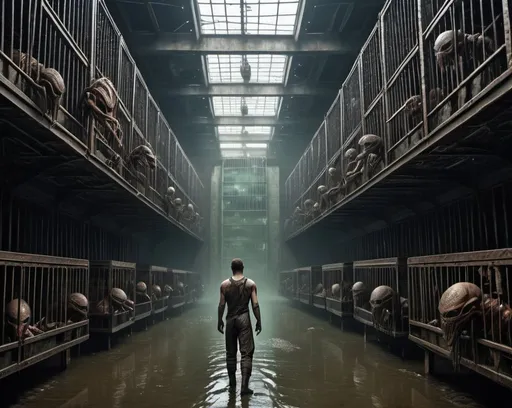 Prompt: Enslaved Humans, many humans in cages, humans slaves,  wearing only long filthy shirts, locked in huge cages, many cages, a field full of huge cages with humans in them,  alien planet, cages standing in water, rain, eerie atmosphere, scares rotting grass, foggy, science fiction, steam punk,  colossal buildings, flying alien ships, 