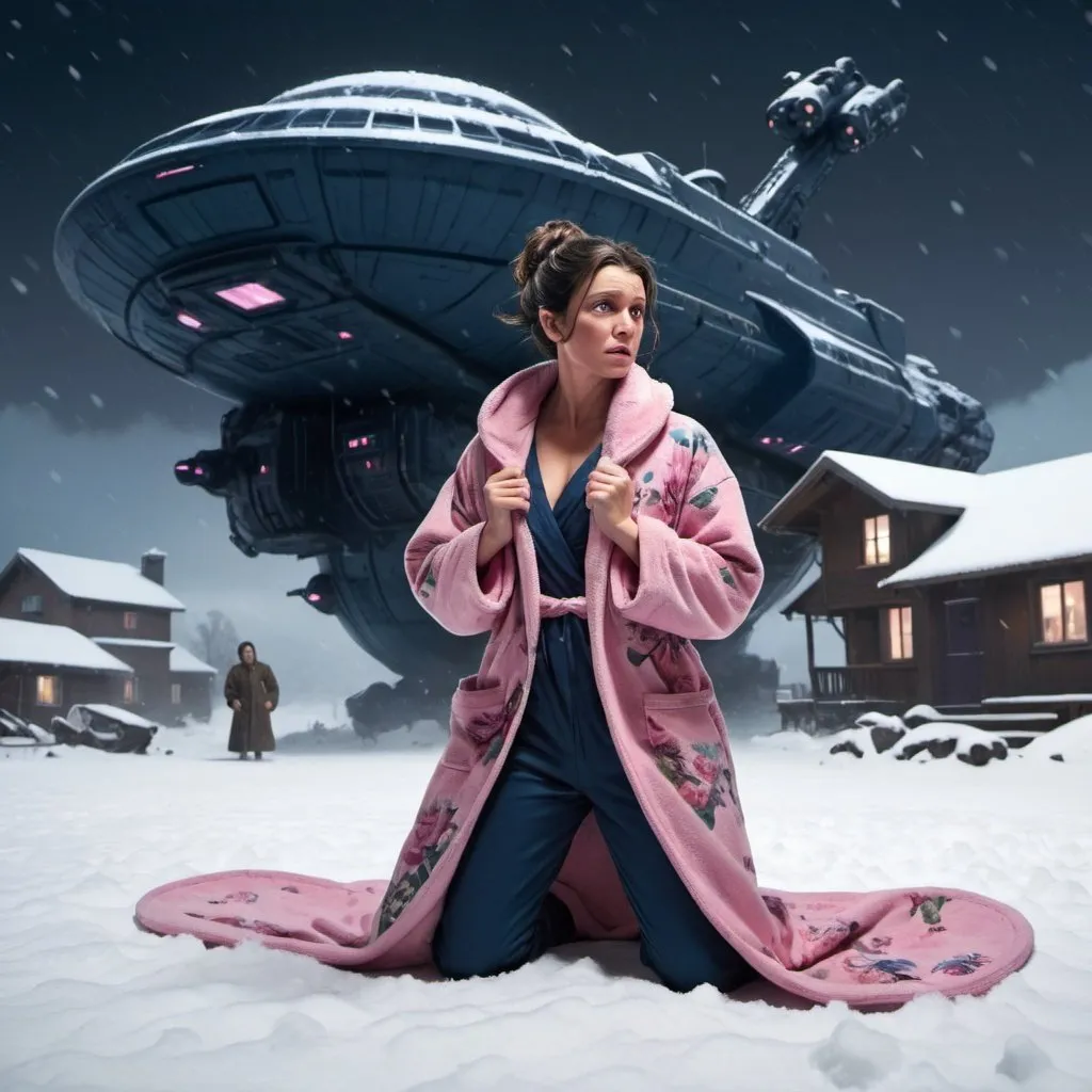 Prompt: Winter, snow, night, dark, suburbs, white woman with dark brown wet hair and wearing a pink bathrobe in flowers pattern, on the ground, laying in the snow, trying to get up, panicking, terrified, trying to escape a gigant man with a brown man-bun in a navy-blue one-piece-uniform with chest armour and long boots and a visor, holding a sci fi gun. Behind the man, far away, are standing other huge men, next to a flying alien ship. The lights from the ship are brightening them up from behind. Snow is shimmering, winter ambient, middle of night,  gloomy, terrifying,