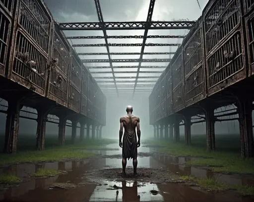 Prompt: Enslaved Humans, many slaves,  wearing only long filthy shirts, locked in huge cages, many cages, a field full of huge cages with humans, alien planet, cages standing in water, rain, eerie atmosphere, scares rotting grass, unsettling reflections, foggy, science fiction, steam punk,  colossal buildings, flying alien ships, 