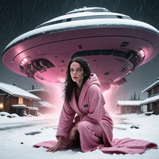 Prompt: Science fiction-style image of a white-skinned woman, long dark brown down wet hair, in a pink bathrobe, on her knees, in snow, outdoors, on the street, dark night, harsh winter, snow everywhere.  high quality, sci-fi, detailed hair, futuristic, scared expression. Looking at a giant alien flying ship, derailed, scary, sci fi, scary ambient