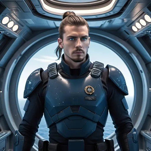 Prompt: Science fiction-style image of a white-skinned man, huge, buffed, brown hair in man bun, wide jaw with stubble, unnaturally big dark-blue eyes, adorned in a sleek navy-blue combat uniform, futuristic science fiction soldier, detailed weaponry. Standing onboard of a huge flying hi-tech ship in cosmos,  in front of a huge  ship window, looking down through the window  at  planet Earth. He watches other ships invading Earth. He is wearing a high-tech armor, atmospheric lighting, high quality, fantasy, sci-fi, detailed hair, futuristic, combat uniform, determined expression, professional, atmospheric lighting
Model: OpenArt SDXL