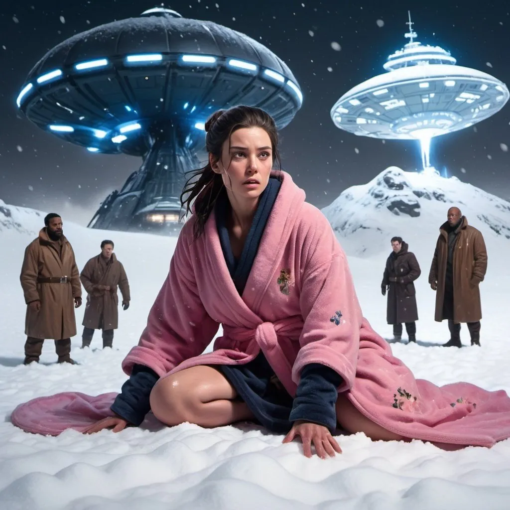 Prompt: Winter, snow, night, dark, suburbs, white woman with dark brown wet hair and wearing a pink bathrobe in flowers pattern, on the ground, laying in the snow, trying to get up, panicking, terrified, trying to escape a gigant man with a brown man-bun in a navy-blue one-piece-uniform with chest armour and long boots and a visor, holding a sci fi gun. Behind the man, far away, are standing other huge men, next to a flying alien ship. The lights from the ship are brightening them up from behind. Snow is shimmering, winter ambient, middle of night,  gloomy, terrifying,