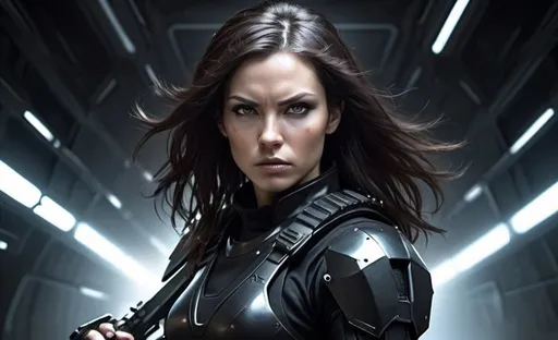Prompt: Science fiction-style image of a white-skinned woman, long dark brown hair, wielding knives, adorned in a sleek black combat uniform, futuristic science fiction soldier, detailed weaponry, intense and determined gaze, high-tech armor, atmospheric lighting, high quality, fantasy, sci-fi, detailed hair, futuristic, combat uniform, determined expression, professional, atmospheric lighting