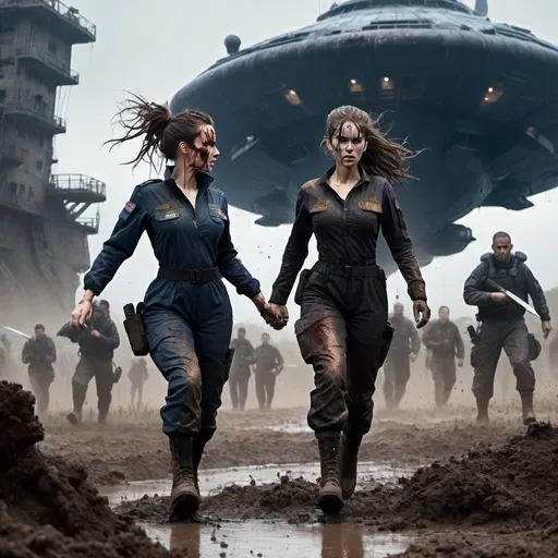 Prompt: Science fiction-style image of one white-skinned WOMAN, long dark detailed brown down hair, in a detailed black one-piece uniform, splattered with mud and blood, military long detailed boots, having a knife fight with one much taller buffed, huge MAN, brown detailed hair in man-bun, navy-blue detailed one-piece uniform, outdoors, on a field, dark night, mud everywhere. high quality, sci-fi, detailed hair, futuristic uniforms, fierce face expression. Silhouettes of people running in panic in the background and a giant alien flying ship, scary, sci fi, scary ambient